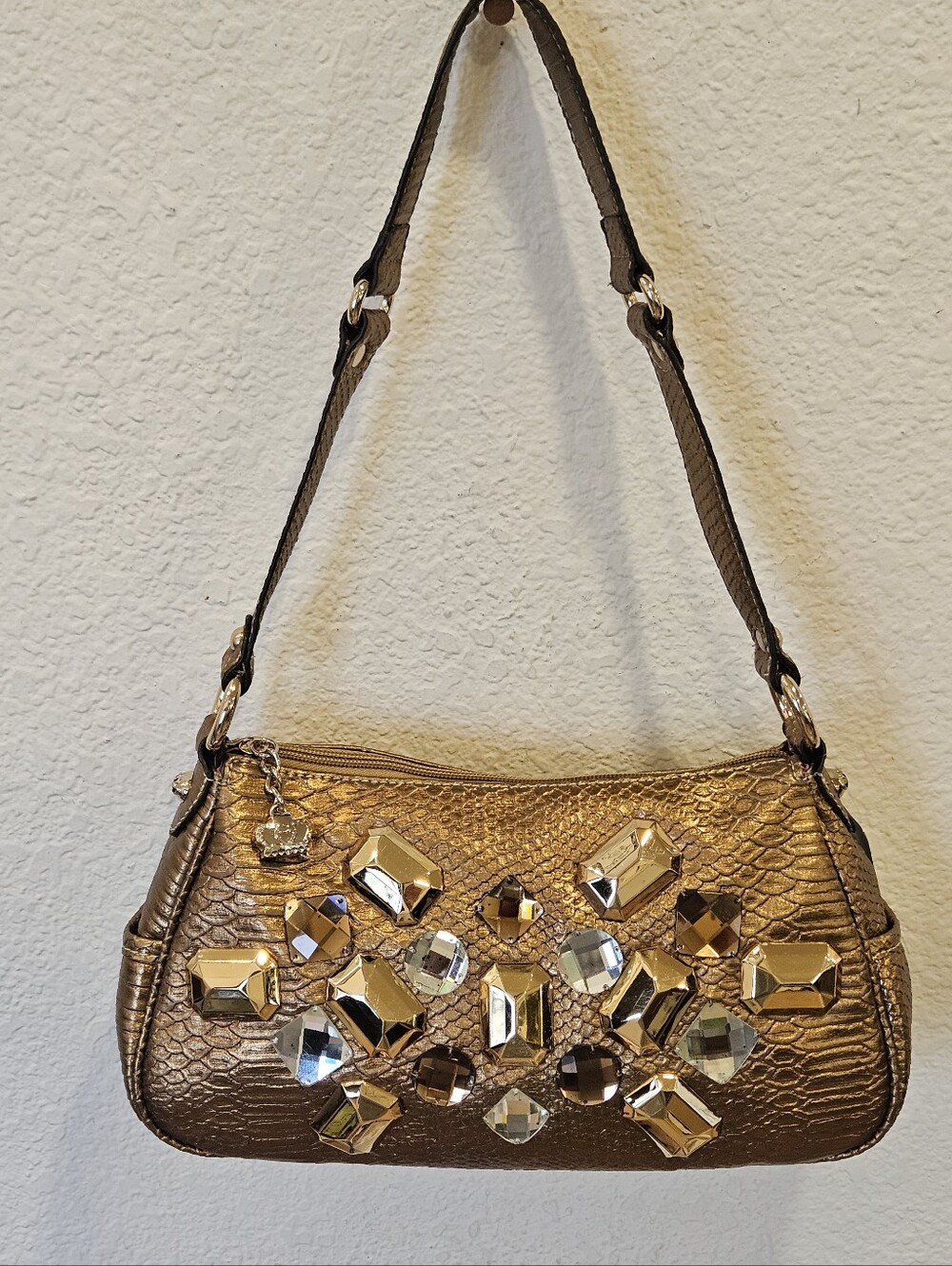 Deadstock Y2K Kathy Van Zeeland Gem Embellished Shoulder Bag Topaz Metallic NWT